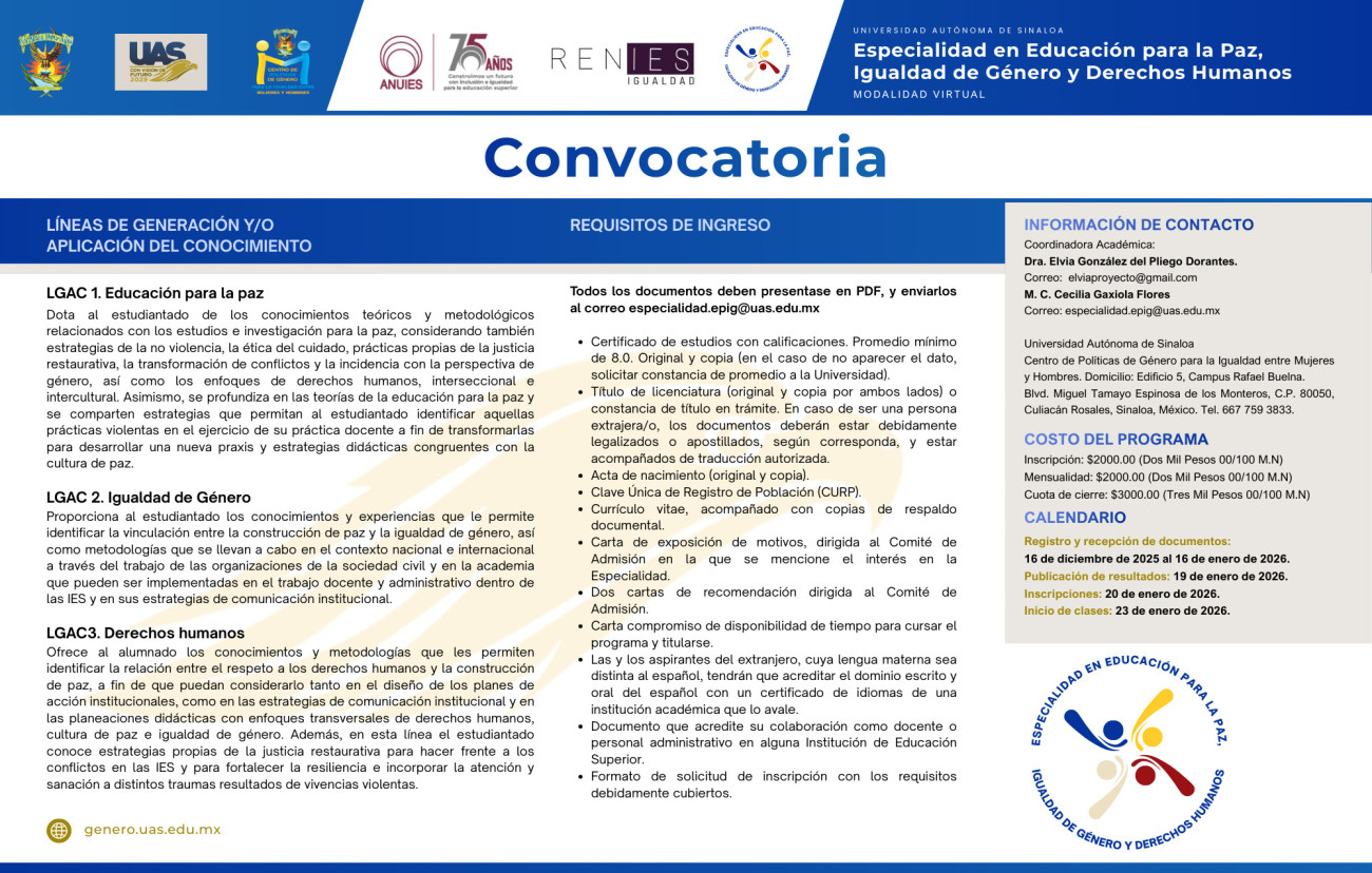 Convocatoria Especialidad en Educación para la Paz, Igualdad de Género y Derechos Humanos 