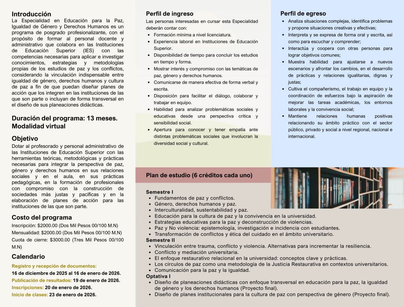 Tríptico Especialidad en Educación para la Paz, Igualdad de Género y Derechos Humanos 