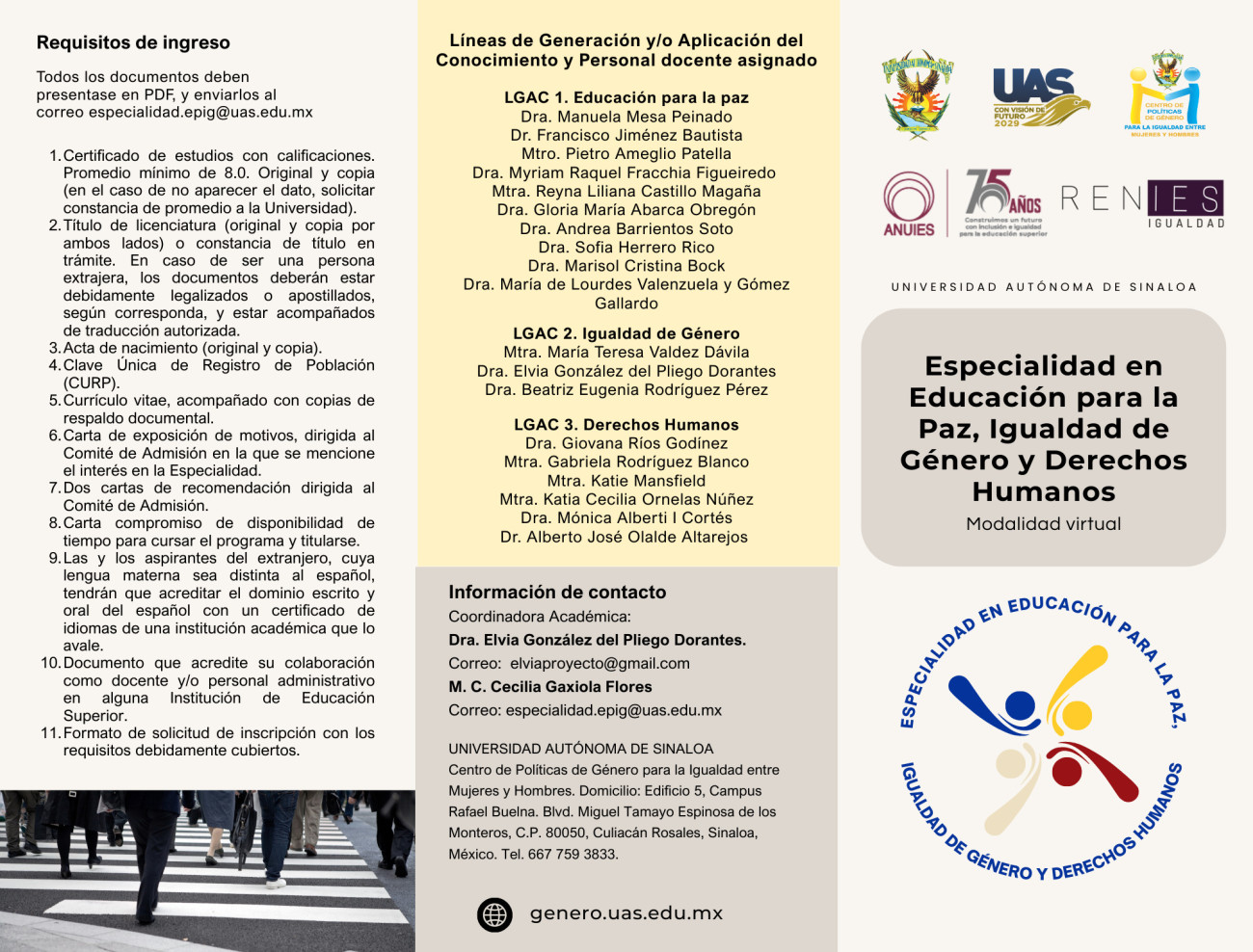 Tríptico Especialidad en Educación para la Paz, Igualdad de Género y Derechos Humanos 