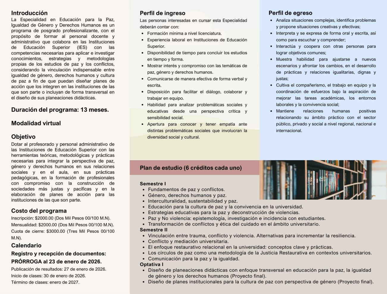 Tríptico Especialidad en Educación para la Paz, Igualdad de Género y Derechos Humanos 