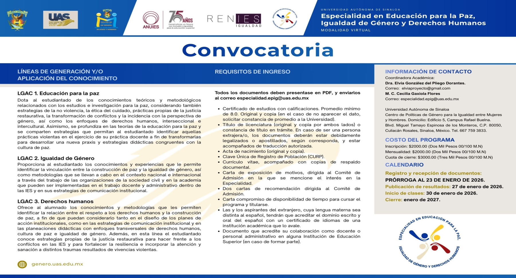 Convocatoria Especialidad en Educación para la Paz, Igualdad de Género y Derechos Humanos 