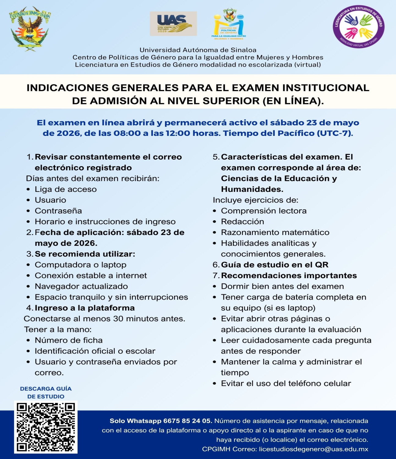 Indicaciones examen para Licenciatura